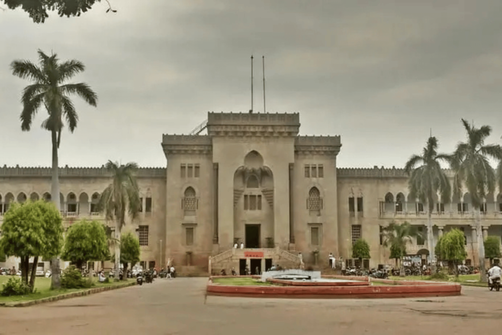 Front view of Osmania University campus building in Hyderabad, Telangana
