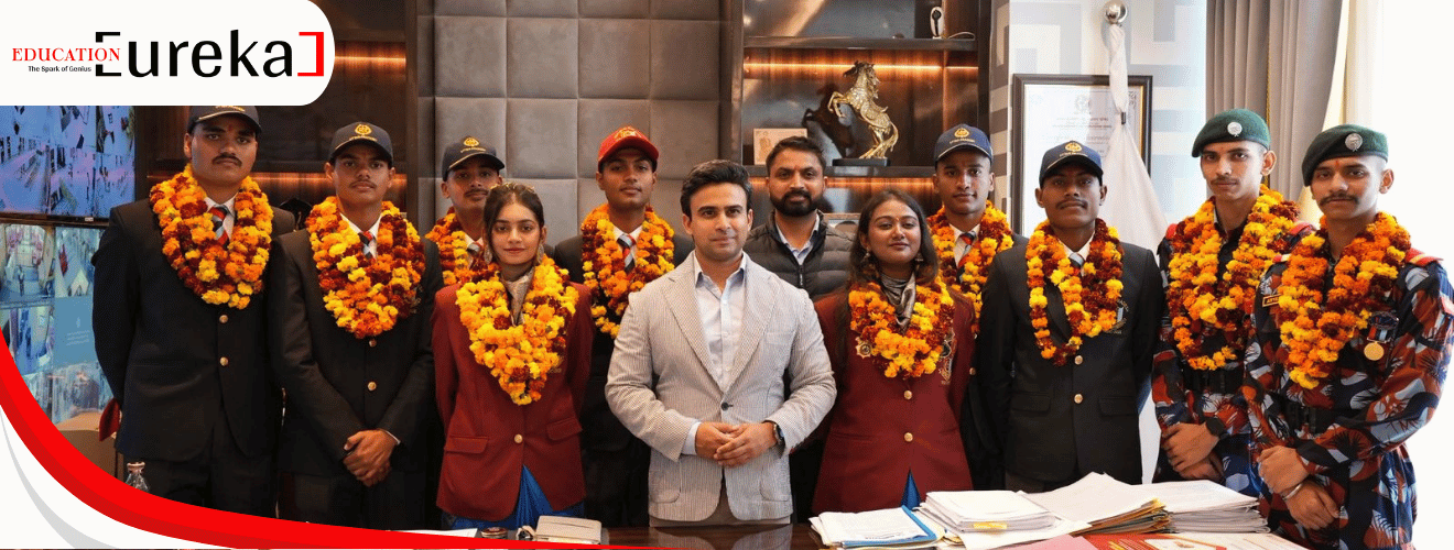 Dr. Dhruv Galgotia honoring students in military uniforms at Galgotias campus.